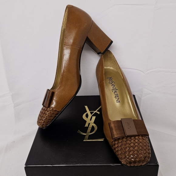 Yves Saint Laurent Woven Leather And Satin Bow Heels In Brown And Bronze Sz 6.5 - Picture 15 of 15
